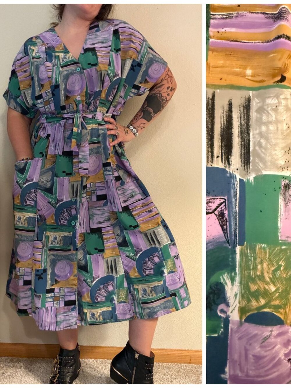 Vintage Handmade Purple Abstract Printed Belted Shirtdress 1X